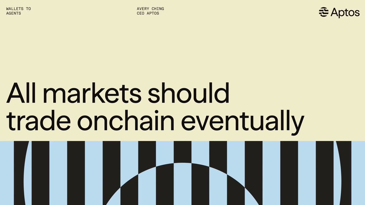 The image features a poster with a black background and white text that reads "All markets should trade onchain eventually—fair, globally accessible, efficient, and agent-ready. Aptos is the full stack built to support it.". The poster is associated with Apotheosis, a company based in New York City. The author of this poster is described as an AI expert named Avery Guld and someone who specializes in cryptocurrency development named @FractionAI_xyz.