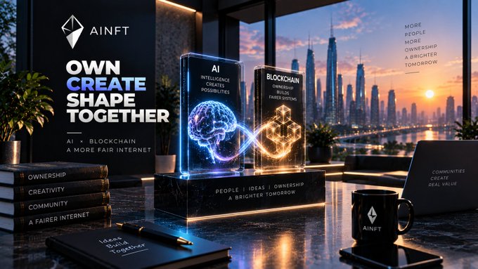 A digital marketing graphic for "AINFT" with the tagline "OWN CREATE SHAPE TOGETHER" and "AI + BLOCKCHAIN A MORE FAIR INTERNET," featuring glowing 3D displays of a brain and blockchain symbol against a city skyline at sunset.
