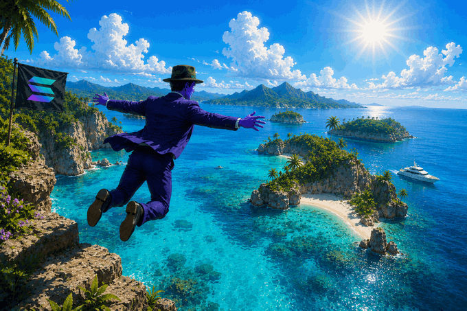 A figure in a purple suit leaps triumphantly from a cliff overlooking a tropical archipelago, with a flag bearing the Solana logo flying beside them. The vibrant ocean paradise visually captures the exhilarating, free-spirited essence of "SOLANA SUMMER."