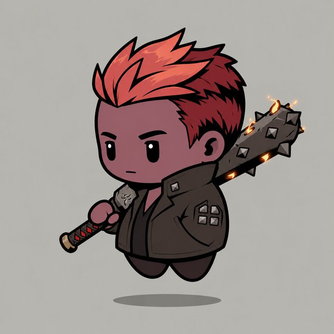 A chibi-style cartoon character with red spiky hair and a fierce expression wields a large, spiked, flame-tipped baseball bat while wearing a studded leather jacket. The image appears to be an NFT-style avatar that has been transformed into a BeanZ character, matching the post's prompt to turn NFTs into BEANZ collectibles.