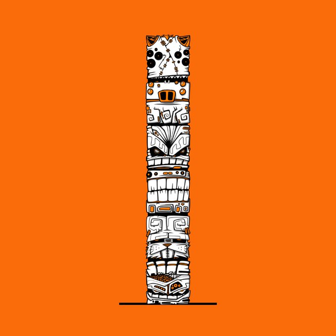 A stylized illustration of a totem pole featuring multiple carved tribal faces stacked vertically against a solid orange background.
