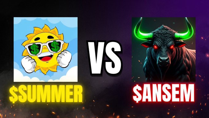 The image shows a "VS" battle graphic between "$SUMMER" (depicted as a cheerful sun wearing dollar-sign sunglasses) and "$ANSEM" (depicted as a fierce bull with glowing green horns and red eyes), set against a dark purple background with sparks. This aligns with the post's promotional tone of hyping a potential crypto airdrop, using the charismatic figures associated with the Solana ecosystem to attract engagement.
