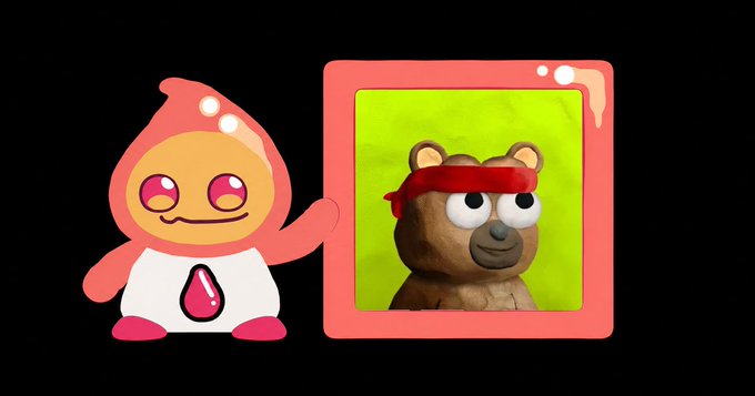 An animated orange character with a pink teardrop body holds up a framed image of a clay figure wearing a red headband against a black background.
