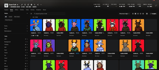 A screenshot of the NFT marketplace OpenSea displays a 'Goat Cult' collection page featuring rows of cartoon goat character avatars with various traits and listed prices in ETH.