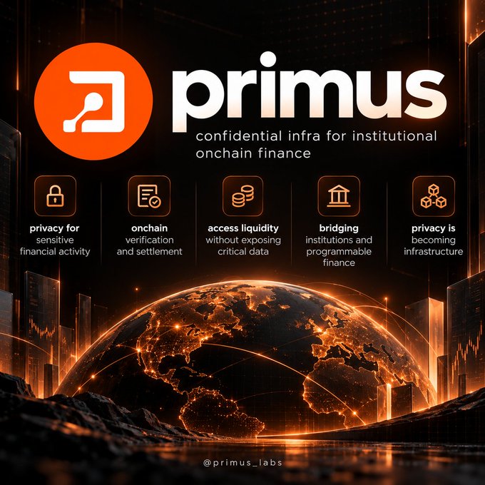 A promotional graphic for 'primus', described as 'confidential infra for institutional onchain finance', with icons highlighting privacy, onchain verification, liquidity access, bridging, and privacy as infrastructure.