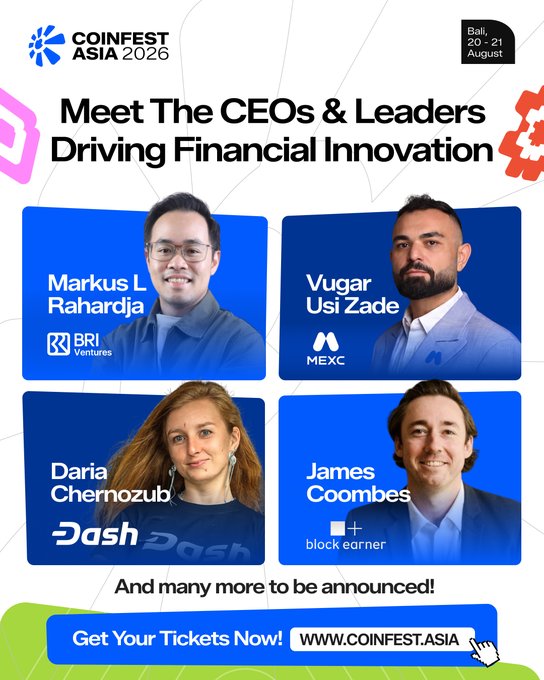 A promotional graphic for 'Coinfest Asia 2026' in Bali (20-21 August) featuring four CEOs: Markus L Rahardja (BRI Ventures), Vugar Usi Zade (MEXC), Daria Chernozub (Dash), and James Coombes (block earner).