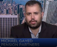 A CNN interview still showing Michael Gayyed of Pension Partners in a dark suit, with a New York City skyline backdrop.