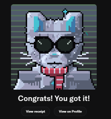 Pixel art NFT profile picture of a cat-like character wearing sunglasses with a red tie, with text 'Congrats! You got it!' and buttons for 'View receipt' and 'View on Profile'.