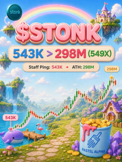 A colorful meme-style crypto chart titled "$STONK" showing a gain from 543K to 298M (549X), featuring a fantasy castle landscape, a whale, and "PASTEL ALPHA" branding.