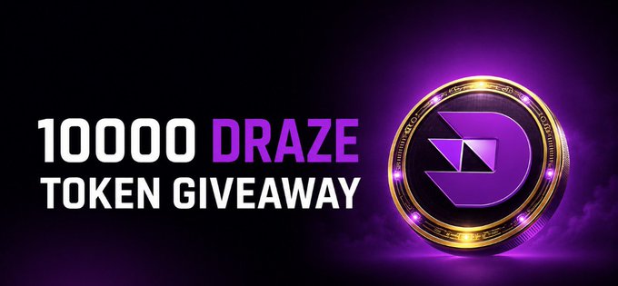 A promotional graphic with a purple background displaying a gold and purple coin logo alongside the text "10000 DRAZE TOKEN GIVEAWAY."