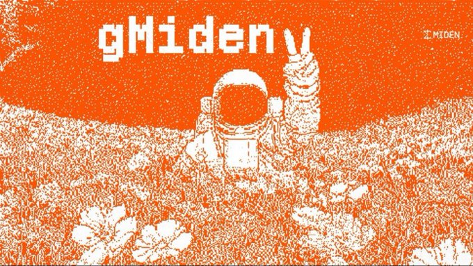 An orange textured graphic displays the title 'gMidenv' in pixelated white font, featuring a white illustration of an astronaut on a textured lunar surface with flowers.
