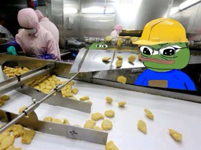 A humorous edited image of a chicken nugget processing facility where workers in the background have been replaced with Pepe the Frog meme characters wearing hard hats and safety glasses.