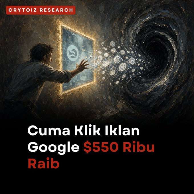 Crypto research graphic from 'CRYTOIZ RESEARCH' with text 'Cuma Klik Iklan Google $550 Ribu Raib' depicting a person reaching into a glowing portal with coins flowing into a swirling black vortex.