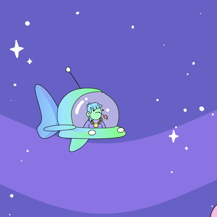 The image features a green fish cartoon character, possibly from the @doodles account, sitting inside a spaceship that is flying through space among stars and blue skies. The caption of the image reads "@doodles so made a few moves picked up this gold chain dood heres its space doodle open to trades for any floor doodle plus eth or 1 x Piet Mondrian x Doodles Digital Collection.", which is related to the post discussing various doodles. The focus should be on the main elements in the image that connect it to the context of the post.