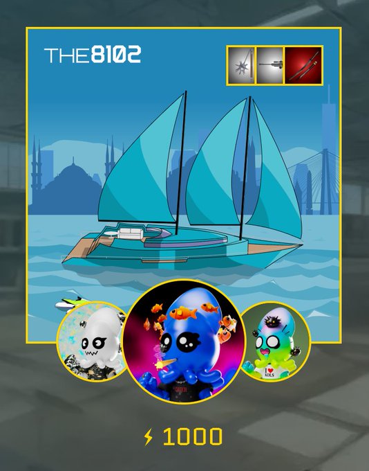 An in-game marketplace listing titled 'THE 8102' showing a turquoise catamaran boat for 1000 lightning bolts, featuring three cartoon avatar thumbnails at the bottom.