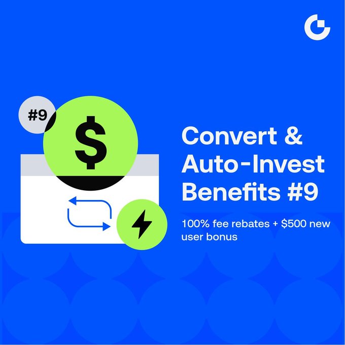 A Gate.io promotional graphic on a blue background featuring a green dollar sign coin, circular arrows indicating conversion, and a lightning bolt icon, with text reading "Convert & Auto-Invest Benefits #9 - 100% fee rebates + $500 new user bonus," advertising the platform's Phase 9 campaign offering new users up to $500 USDT for completing their first trade through crypto conversion and Auto-Invest features.