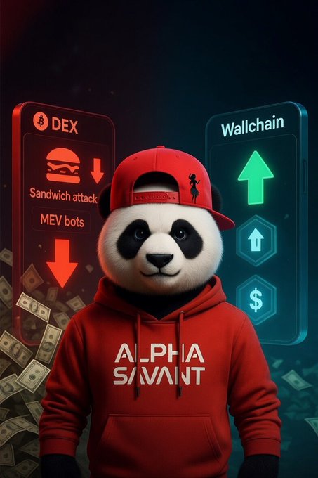 The image features a cartoon panda wearing a red hoodie with white text that says "Alpha Savant" standing against a black background. The panda appears to be holding a sign, which has two options written on it - one reading "Wallchain" and the other "DEX". These options represent the trading platform Wallchain and the cryptocurrency exchange DEX. The panda is also wearing a red baseball cap with a logo of a sandwich and a dollar sign.