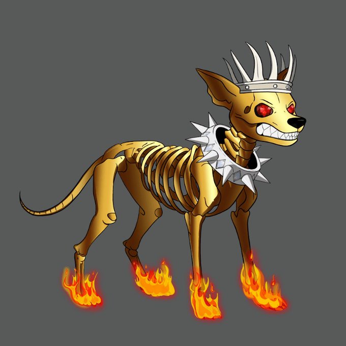 A 3D digital rendering depicts a skeletal chihuahua wearing a spiked collar and crown, with glowing red eyes and flames emerging from where its paws would be.