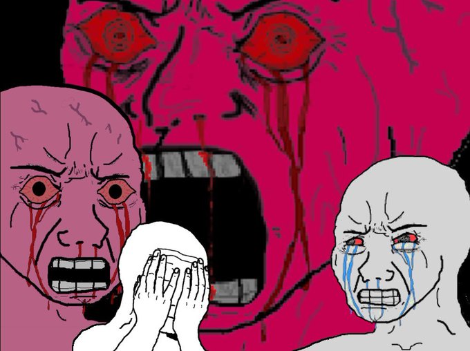 A surreal, dark digital illustration showing several distressed, bald humanoid characters with bleeding eyes and mouths against a pink and black background.