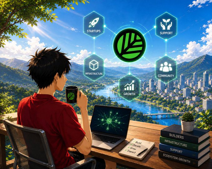 An anime-style man sits at a desk overlooking a city and mountains, holding a green mug with a logo, surrounded by floating icons labeled "STARTUPS," "SUPPORT," "INFRASTRUCTURE," "COMMUNITY," and "GROWTH," with a notebook titled "Build Breathe Grow Impact" and books stacked nearby.