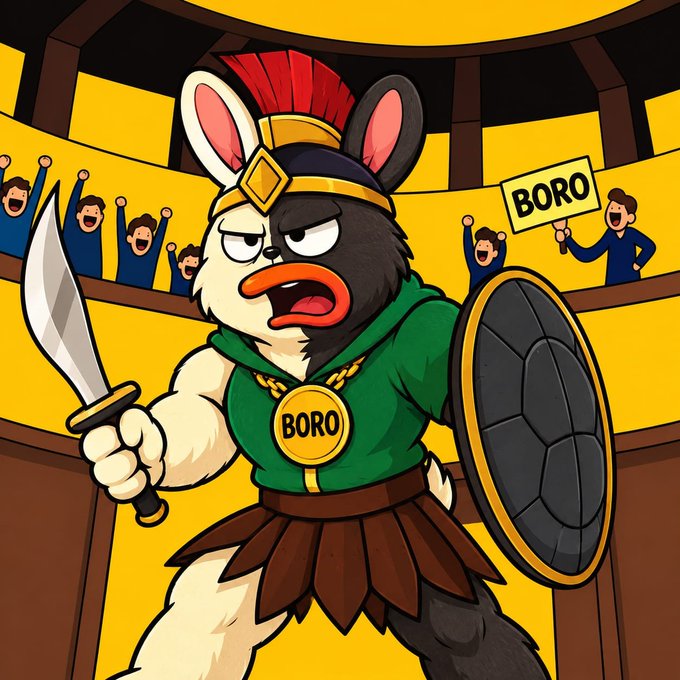 A cartoon mouse gladiator wearing a green tunic and a "BORO" medallion wields a sword and shield in an arena, while cheering fans in the background hold a "BORO" sign—visualizing the mascot for the $BORO Solana airdrop giveaway where participants can win 100,000 $BORO tokens by following, retweeting, and dropping their $SOL address.