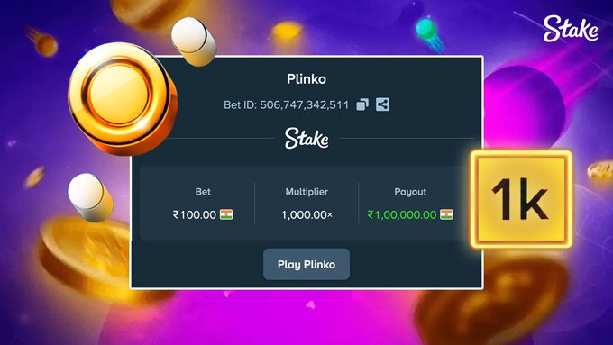 A screenshot of a Stake.com Plinko winslip showing a ₹100 bet that multiplied by 1,000.00x for a ₹1,00,000.00 payout, with a "1k" callout highlighting the multiplier. The bet ID is 506,747,342,511, matching the post's celebration of a big Plinko win.