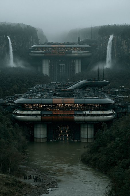 A digital artwork of a massive, futuristic brutalist sci-fi structure spanning a river gorge, with waterfalls cascading down the cliffs on either side and small figures visible on the riverbank.