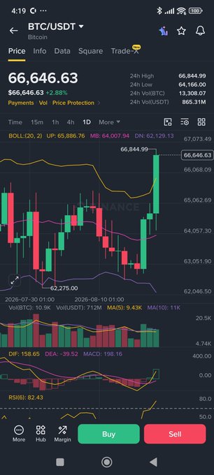 A Binance trading chart for BTC/USDT showing the Bitcoin price at $66,646.63, up 2.88%, with the Bollinger Bands and MACD indicators visible on the interface.