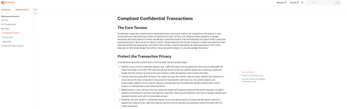 A screenshot of Primus Labs’ documentation page titled “Compliant Confidential Transactions,” outlining how zero-knowledge proofs and shielded transactions can hide transfer amounts, balances, and counterparties while preserving compliance. It directly illustrates the post’s point that full onchain transparency can expose institutional treasury strategies.