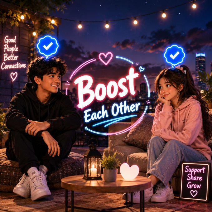 A neon-lit romantic scene featuring a young couple sitting on a rooftop at night with neon signs reading 'Boost Each Other', 'Good People Better Connections', and 'Support Share Grow'.