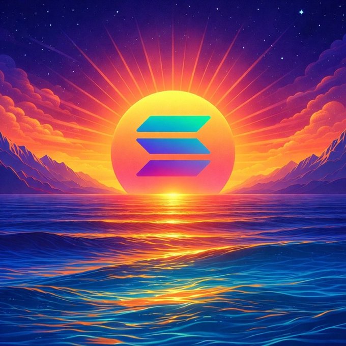 The image features a sunset over the ocean with a large sunburst logo in the center of the frame. The sun appears to be rising or setting behind the horizon line, creating a beautiful gradient effect across the sky. The Solana family logo is prominently displayed on this backdrop, suggesting that the photo might be related to cryptocurrency or digital assets. The caption "Rise and shine, Solana fam! Carpe Diem" implies a sense of adventure and seizing opportunities in life, which could be connected to the rise of cryptocurrencies like Bitcoin.