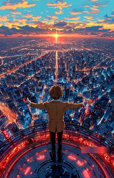 Anime-style artwork of a character standing on a circular platform with arms outstretched, overlooking a vast glowing cityscape at sunset.