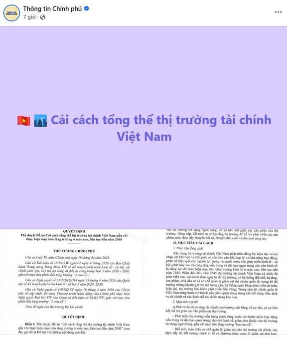 A Vietnamese government social media post titled "Cải cách tổng thể thị trường tài chính Việt Nam" featuring official Resolution 05/2025 on financial market reforms.