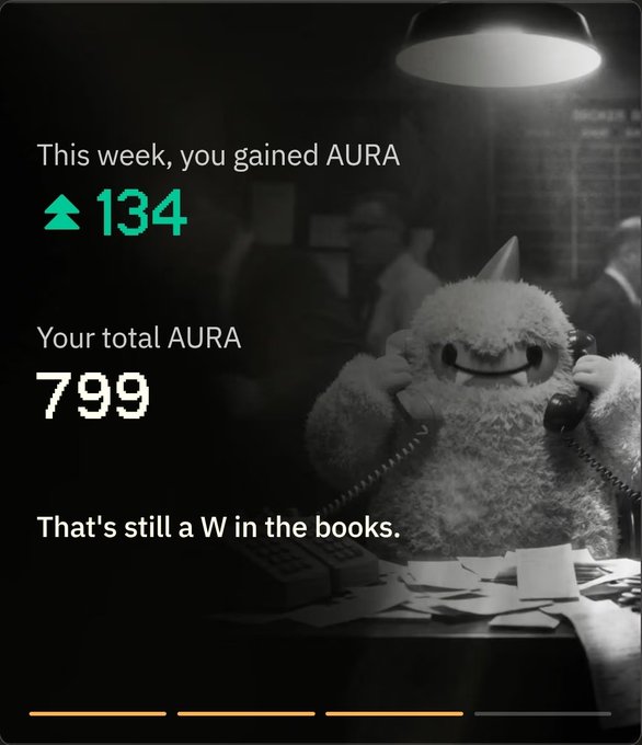 A notification screen showing 'This week, you gained AURA 134' and 'Your total AURA 797' with the message 'That's still a W in the books,' featuring a fluffy monster plush holding a phone.