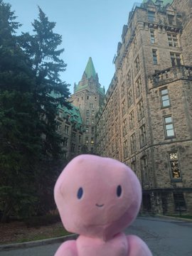 A pink Kirby plush figure photographed in the foreground with a large, castle-like stone building (resembling the Fairmont Banff Springs) visible in the background.
