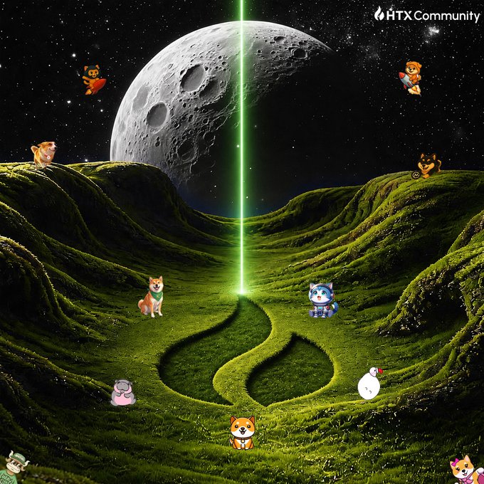 A green laser beam shoots toward a large moon over lush mossy hills, surrounded by various cartoon creatures including cats, dogs, and other animals. The "HTX Community" logo appears in the top right corner, tying the cosmic scene to the HTX crypto brand.

The image creatively visualizes the post's message of "exploring the market" by depicting a surreal lunar landscape with whimsical characters venturing through green valleys under a giant moon, symbolizing HTX community members on a collective crypto journey toward new frontiers.