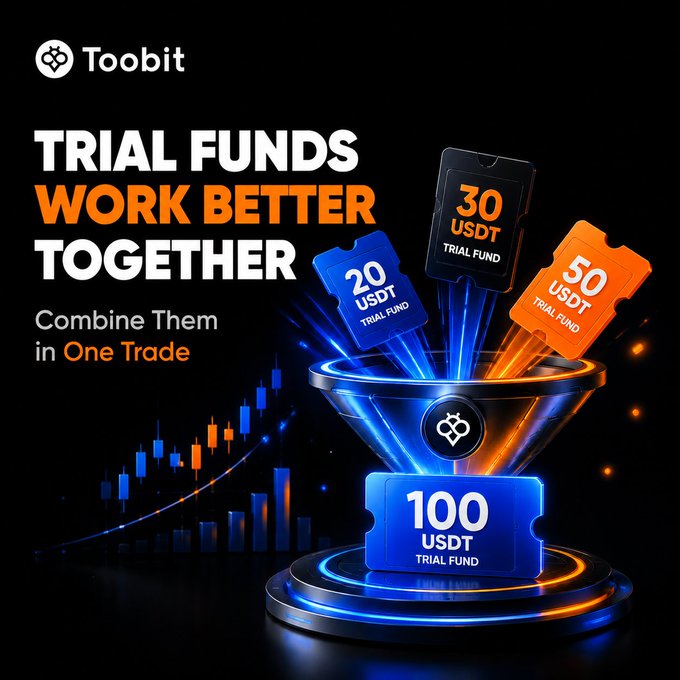 A promotional graphic for Toobit features the headline "Trial Funds Work Better Together — Combine Them in One Trade," alongside glowing blue and orange USDT trial fund vouchers (20, 30, 50, and 100 USDT) funneling into a central device, with a rising bar chart in the background emphasizing the platform's combined trading rewards.