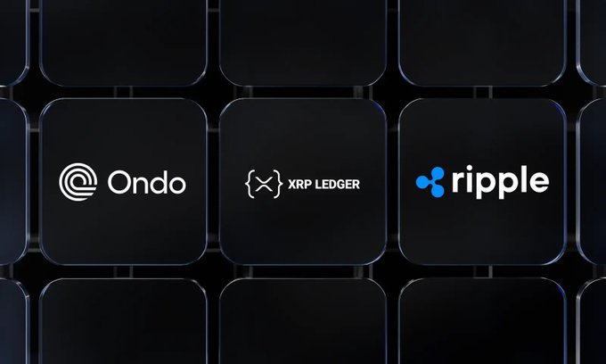The image displays logos for Ondo, XRP Ledger, and Ripple arranged in a grid of dark, rounded squares. The logos visually represent the key entities involved in the announced partnership with SBI Group, highlighting the collaboration between Ondo's tokenization platform and the XRP Ledger and Ripple infrastructure for distributing and settling tokenized Japanese assets using the JPYSC stablecoin.