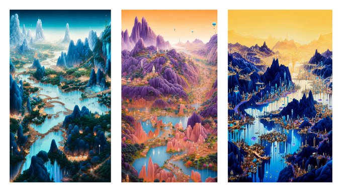 Three vertical fantasy landscape illustrations showing stylized mountain ranges with flowing rivers and bridges, rendered in blue, pink/purple, and golden color palettes.