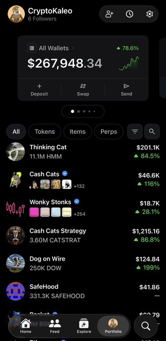 A screenshot of a CryptoKaleo wallet dashboard showing a total balance of $267,948.34 (+78.6%) with notable NFT holdings including Thinking Cat ($201.1K, +84.5%), Cash Cats ($46.6K, +116%), and Wonky Stonks ($18.7K, +28.1%), supporting the post's claim of top-tier OpenSea trading activity.