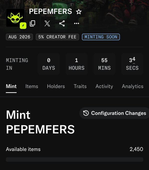 The image shows a minting page for the "PEPEMFERS" NFT collection, scheduled to mint in August 2026 with a 5% creator fee, displaying a countdown of 0 days, 1 hour, 55 minutes, and 34 seconds remaining. It shows 2,450 available items, aligning with the post's announcement about minting PEPEMFERS by @Sant0s_eth and checking eligibility on OpenSea.
