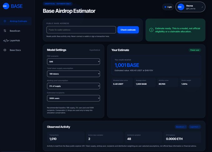 The image shows a screenshot of a computer screen displaying a Base Hint page with various settings for a Base Airdrop estimator. The screen has different options such as checking the actual address, which requires inputting an actual address for it to work properly. It also suggests that the user should check if they have enough balance and how much it will cost in base 10 ethers (ether).