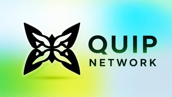 The QUIP NETWORK logo featuring a stylized black butterfly/wing emblem on a colorful gradient background.