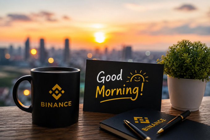 A black Binance-branded coffee mug sits on a wooden table alongside a "Good Morning!" card, a matching notebook with pen, and a potted plant, all set against a scenic sunrise cityscape—perfectly matching the post's uplifting message of new opportunities and a productive day ahead for the crypto community.