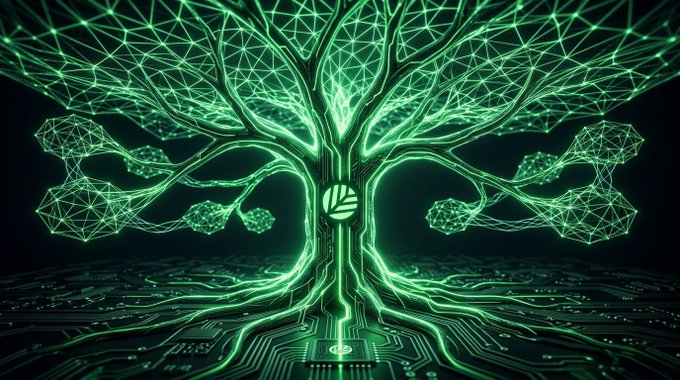 A glowing green digital tree composed of circuit board patterns and geometric nodes against a dark background, symbolizing technology and blockchain networks.