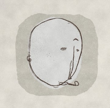 A minimalist ink sketch of a round, soft-faced character with closed eyes and a small mouth, drawn with loose, gestural lines on a plain cream background.