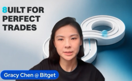 A woman appears in a video thumbnail with the text '8 BUILT FOR PERFECT TRADES' and a label reading 'Gracy Chen @ Bitget' alongside a stylized number 8 logo.
