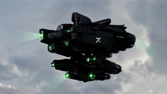 Sci-fi rendering of a dark, futuristic spacecraft or airship with glowing green lights and thrusters floating against a cloudy sky.