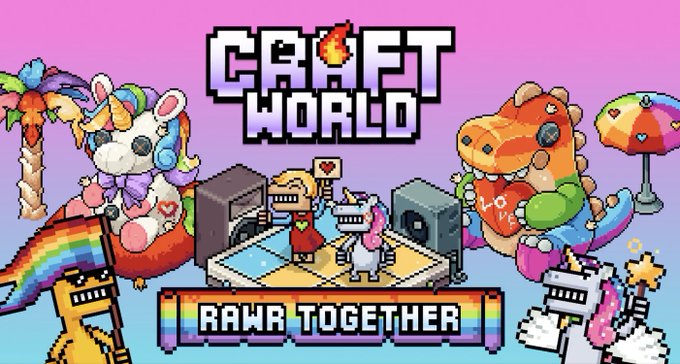 Pixel art promotional banner for 'Craft World - RAWR TOGETHER' featuring cute dinosaur characters in a colorful gaming scene.