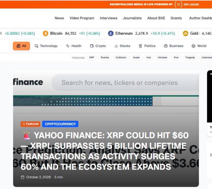 A crypto news website (BXE) shows market tickers for Bitcoin ($84,552), Ethereum ($2,678.9), and Gold ($4,140), featuring an article titled 'YAHOO FINANCE: XRP COULD HIT $60 — XRPL SURPASSES 5 BILLION LIFETIME TRANSACTIONS AS ACTIVITY SURGES 60% AND THE ECOSYSTEM EXPANDS'.